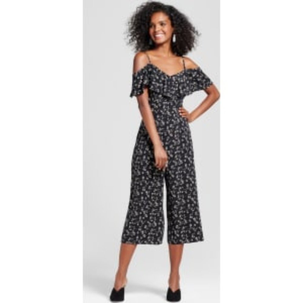 Xhilaration Ruffle Black Floral Shoulder Jumpsuit Small